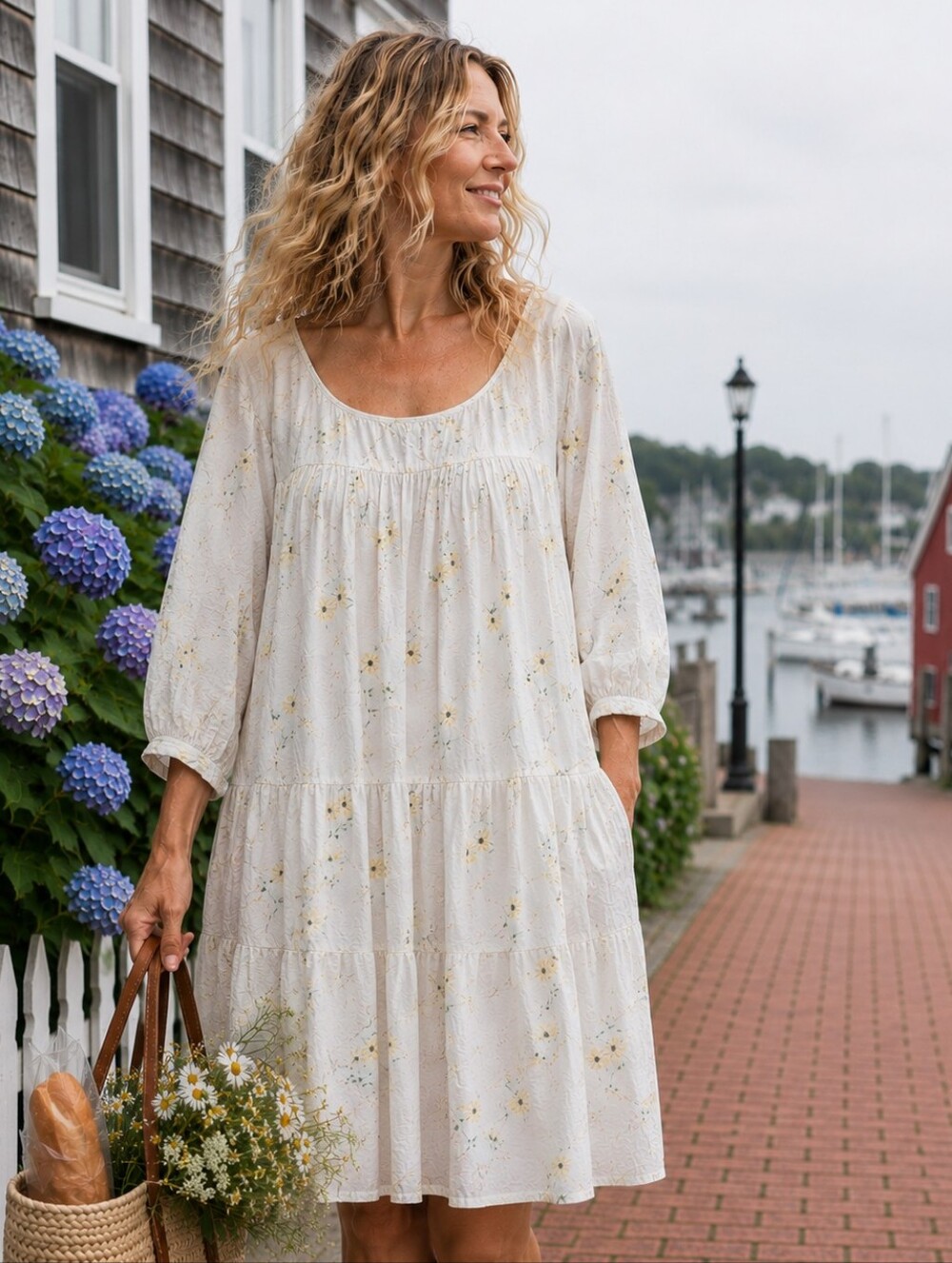 Kate Hudson Happy x Nature Floral Cotton Babydoll Dress Size S White Blue Mini S